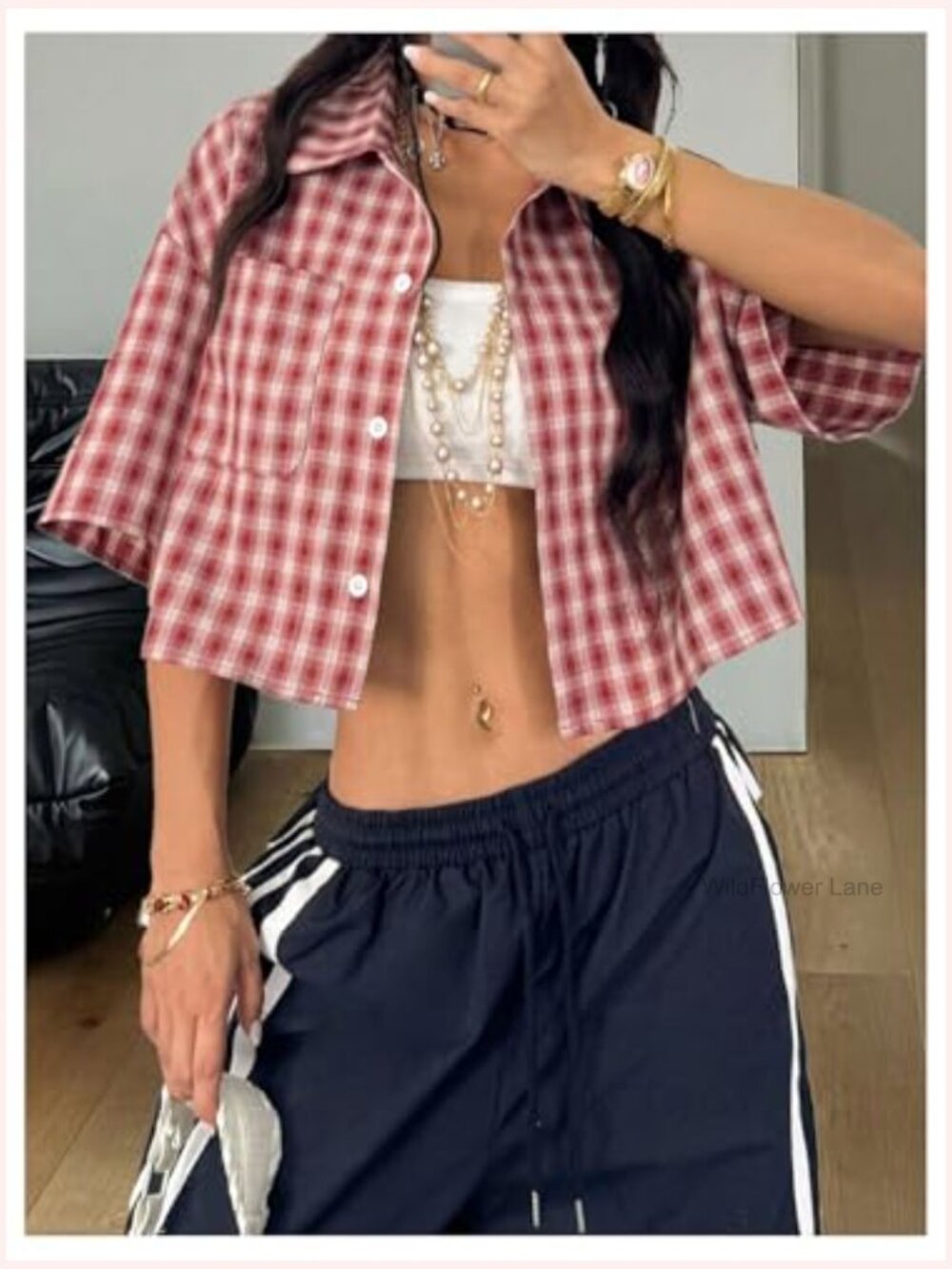 Vintage Plaid Button Down Crop Blouse Short Sleeve Preppy Top - Picture 3 of 6
